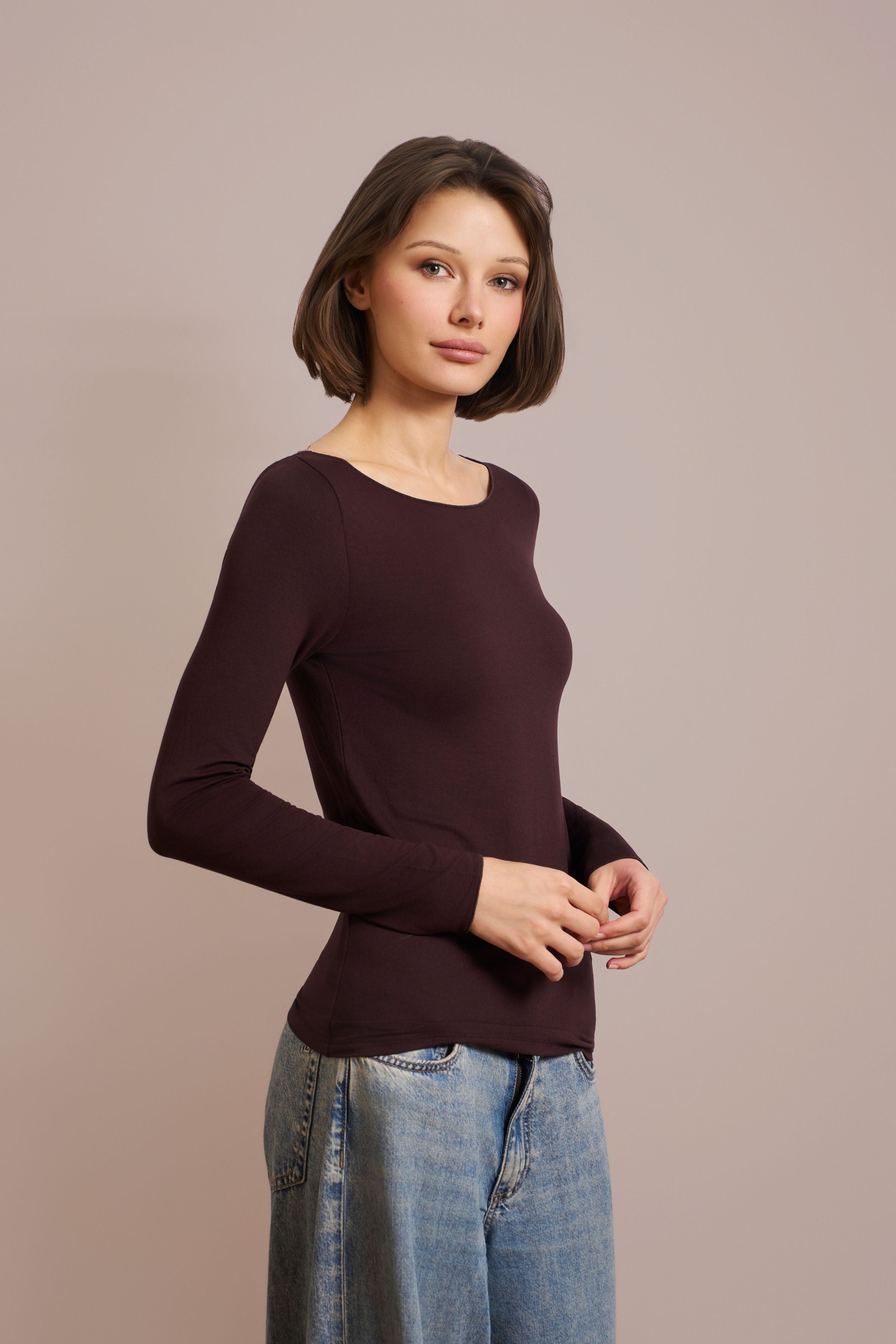 Majestic Soft Touch Long Sleeve Boatneck in Aubergine