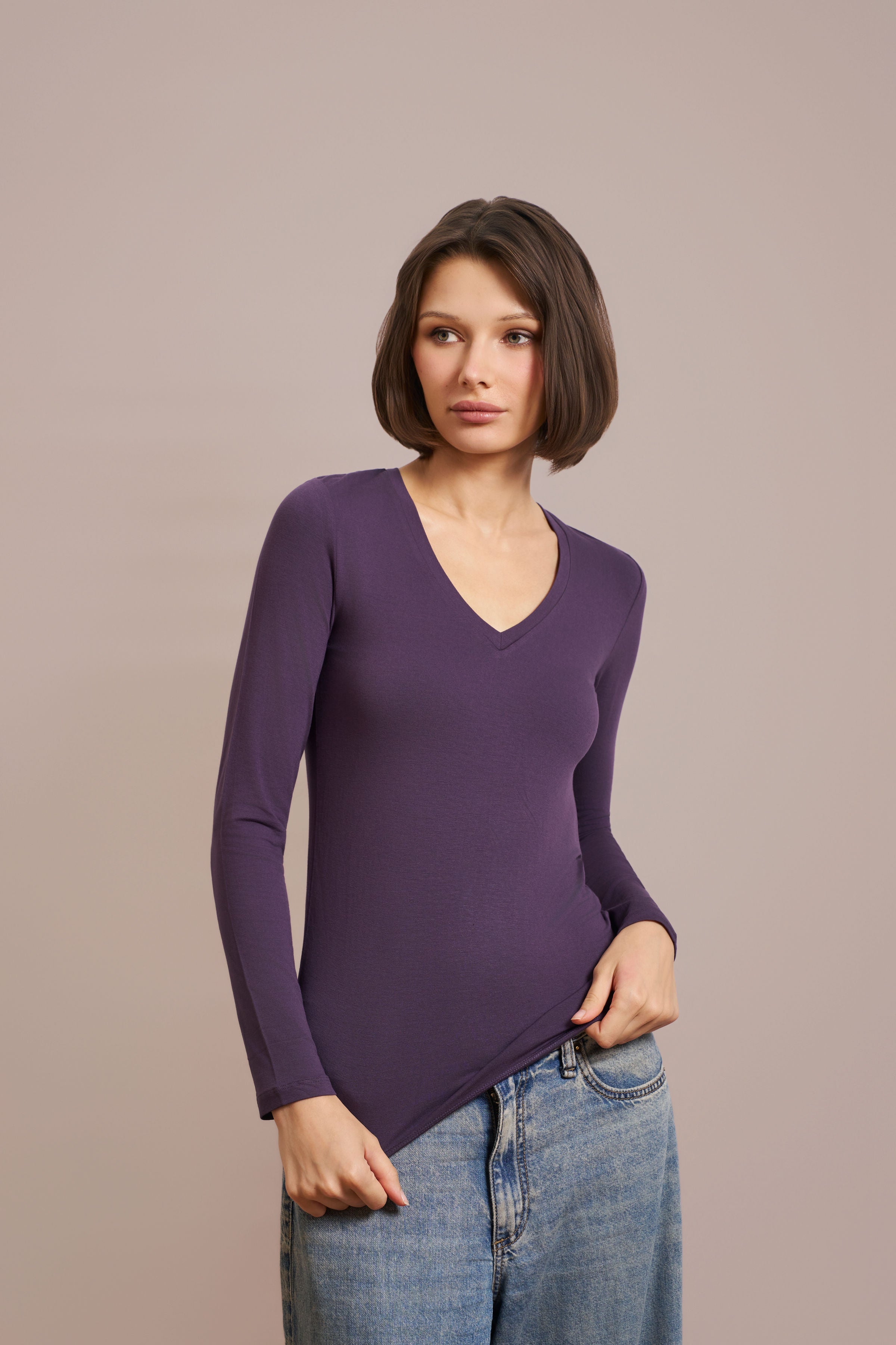 Majestic Long Sleeve Viscose V-Neck Tee in Anemone
