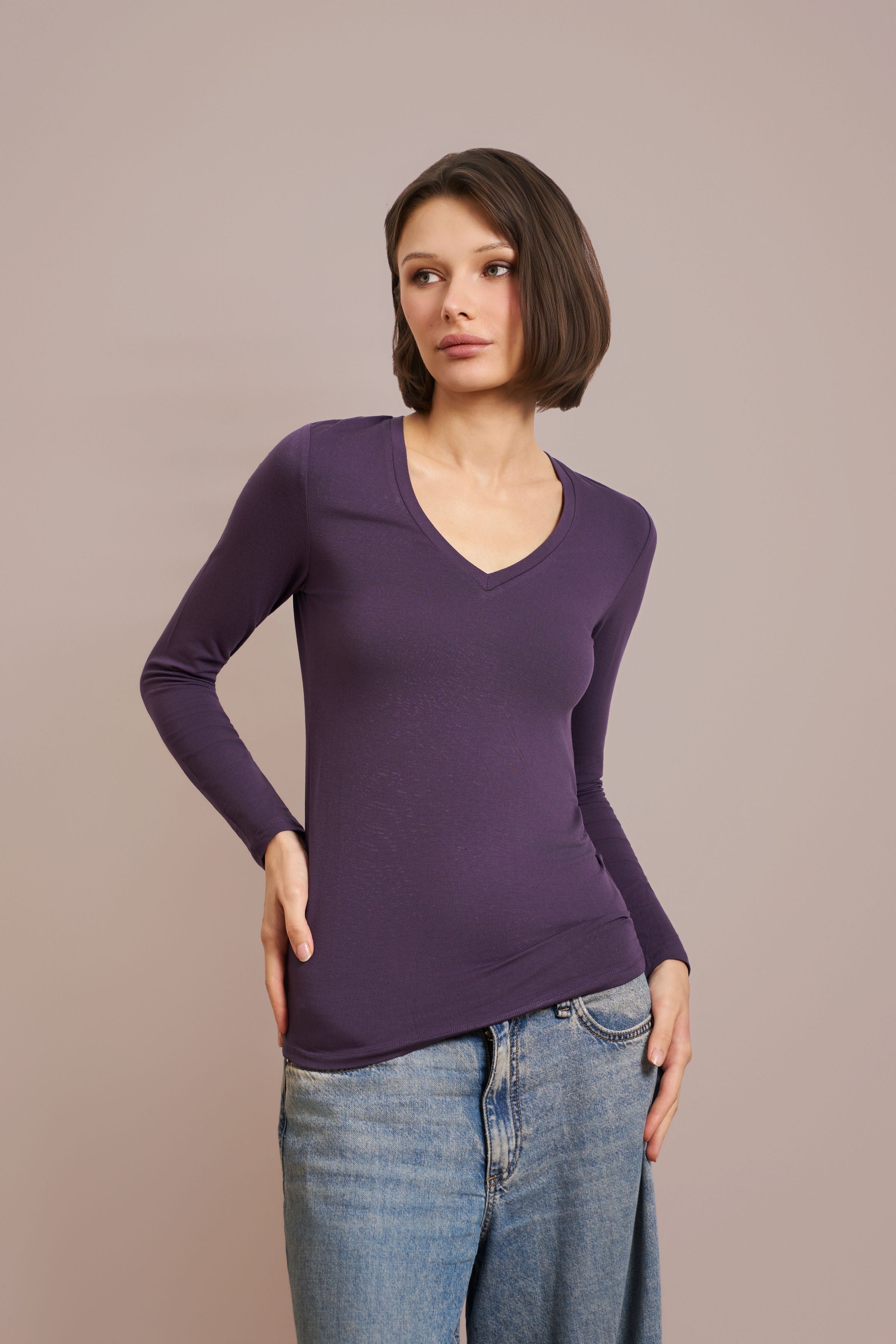 Majestic Long Sleeve Viscose V-Neck Tee in Anemone
