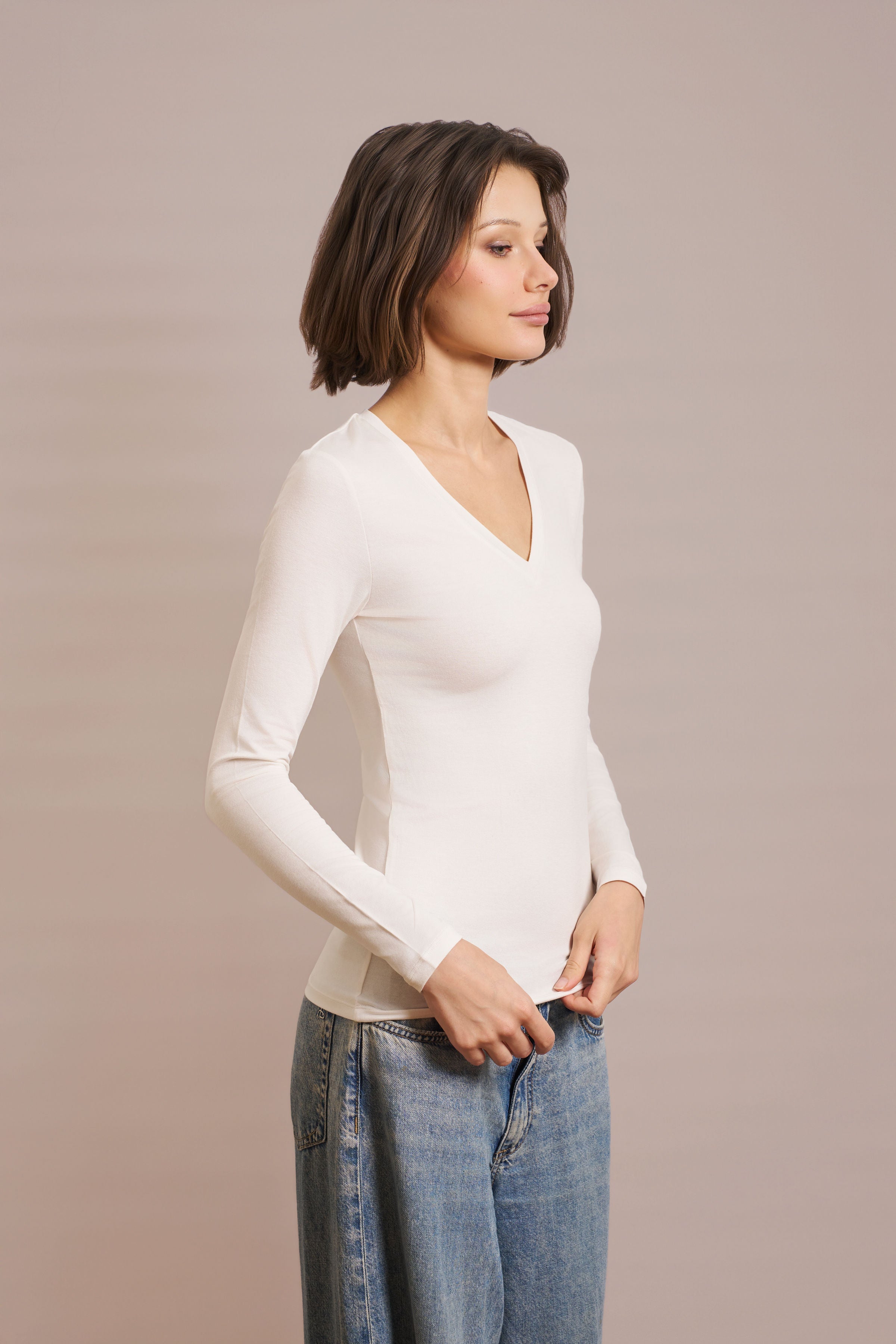 Majestic Long Sleeve Viscose V-Neck Tee in Cream