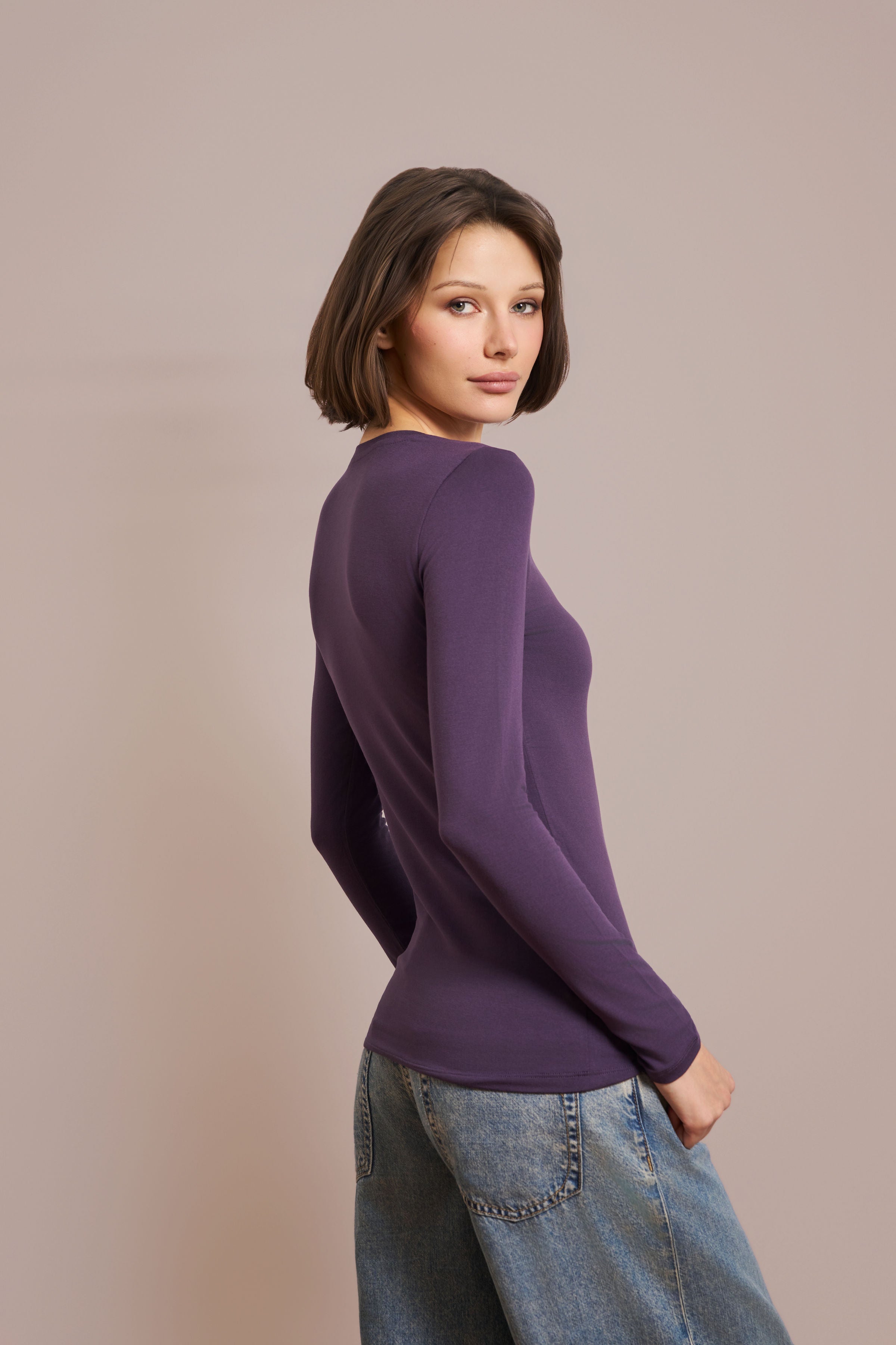 Majestic Long Sleeve Soft Touch Viscose Crewneck in Anemone
