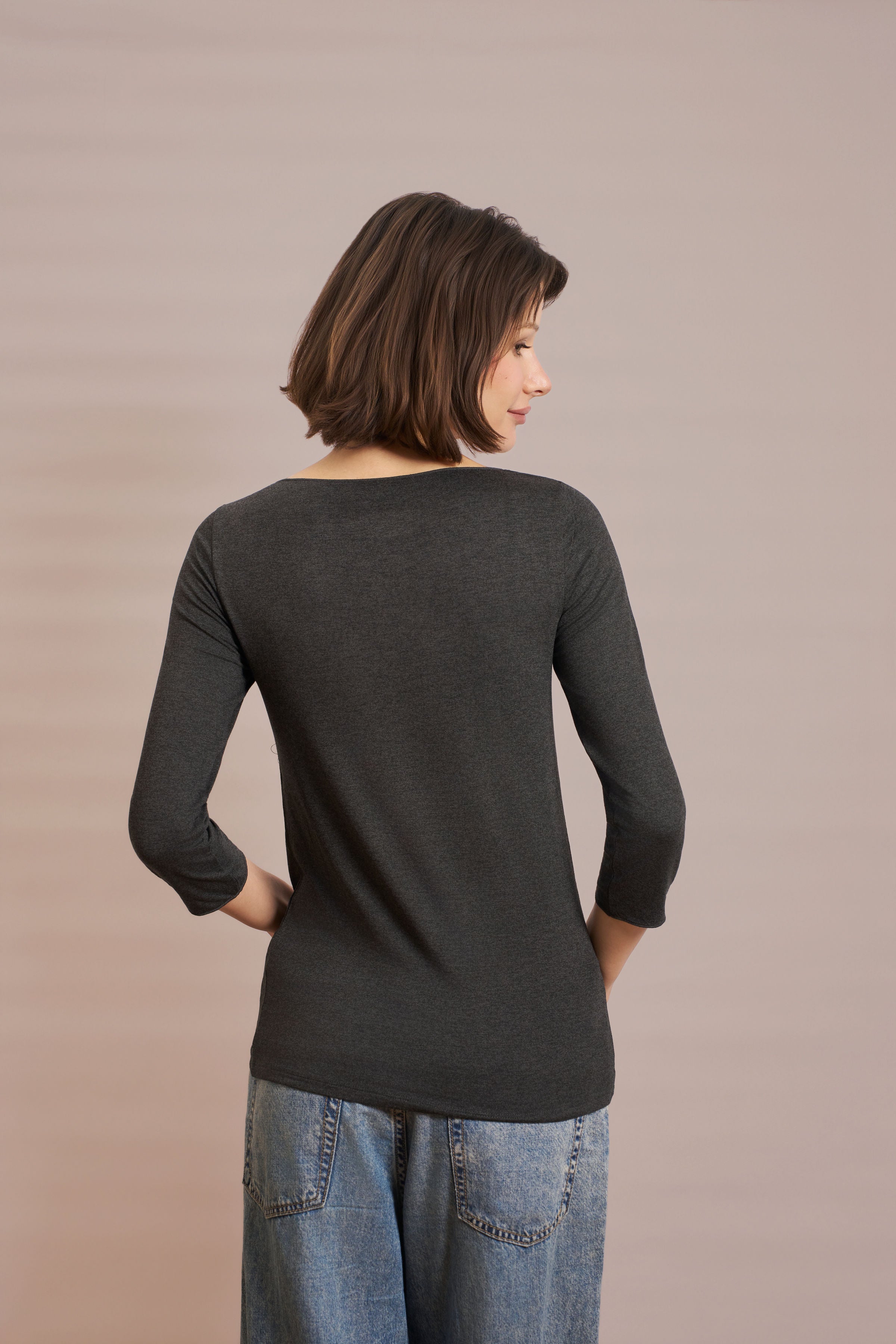 Majestic Soft Touch 3/4 Sleeve Merrow Edge Boatneck in Anthracite Chine