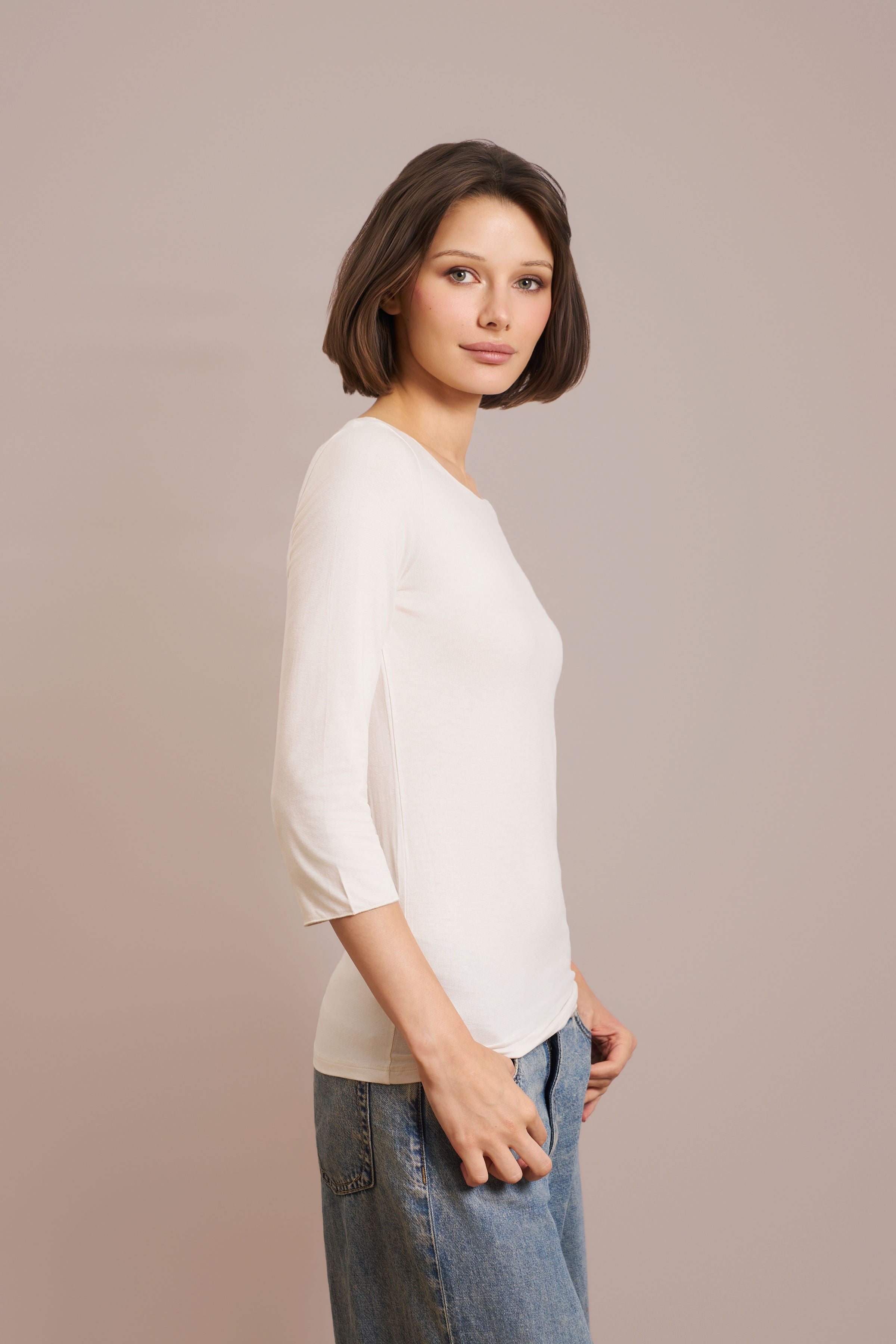 Majestic Soft Touch 3/4 Sleeve Merrow Edge Boatneck in Cream