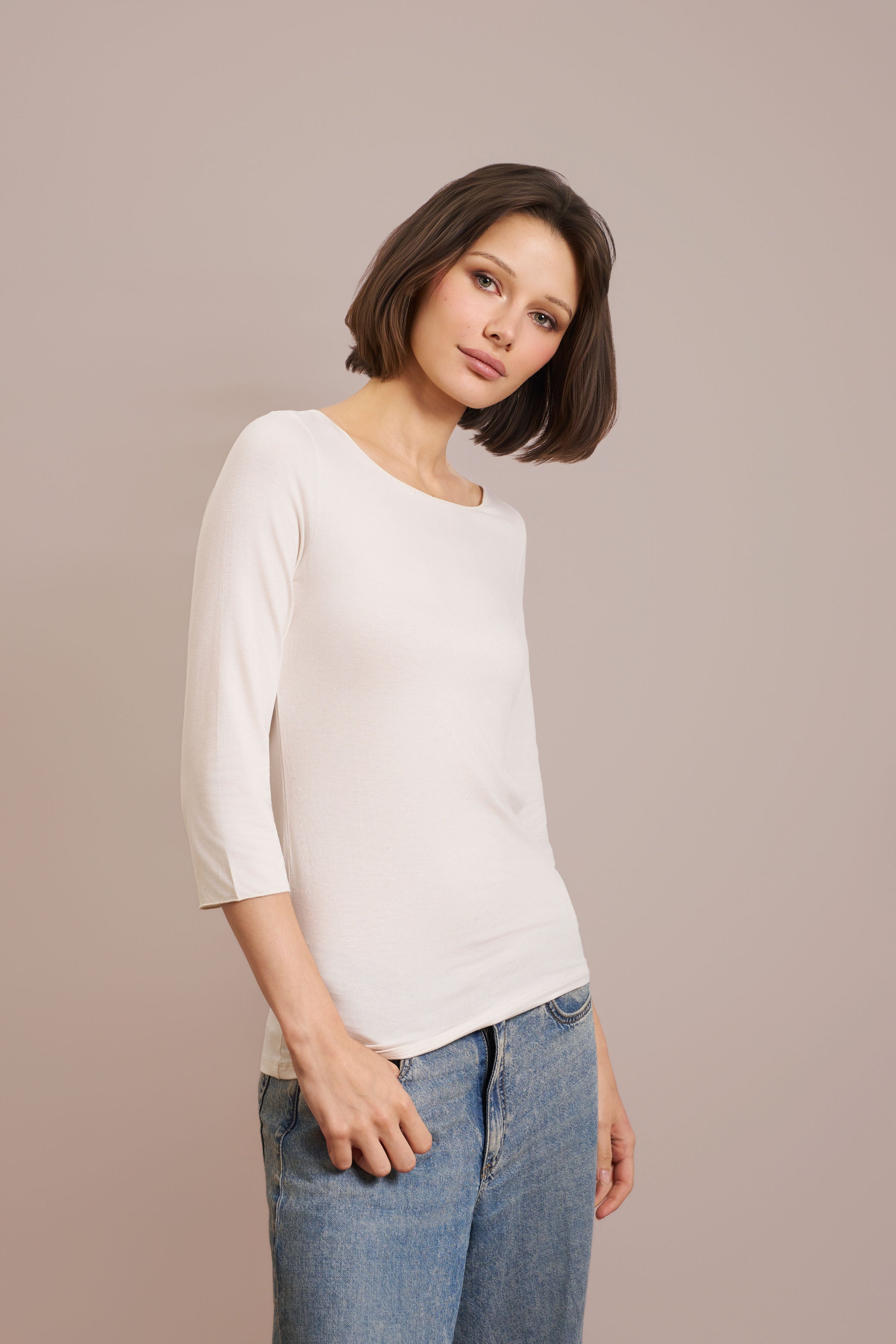 Majestic Soft Touch 3/4 Sleeve Merrow Edge Boatneck in Cream
