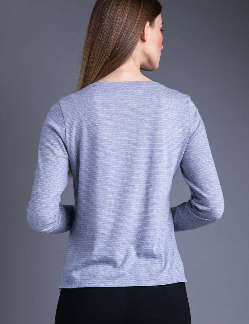 Majestic Long Sleeve Cotton/Cashmere Stripe Crew in Ciel Chine/Milk