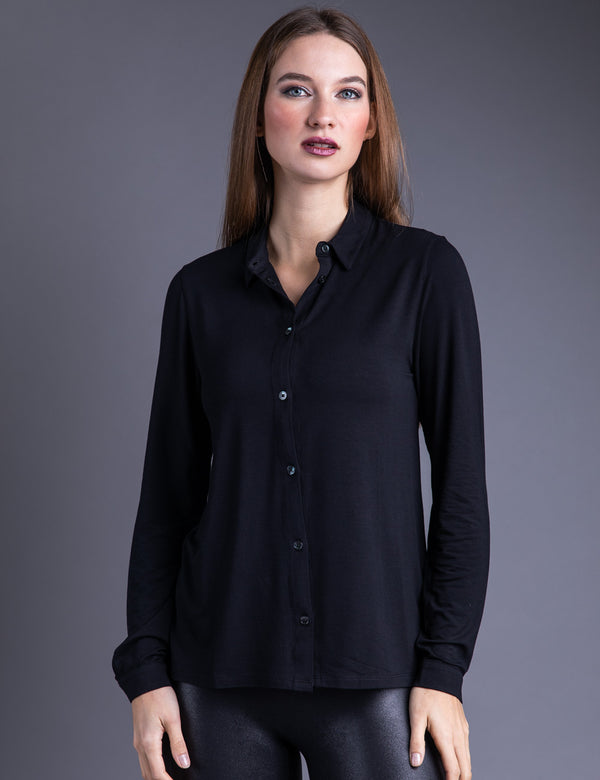 Majestic Long Sleeve Viscose Button Down Shirt in Black