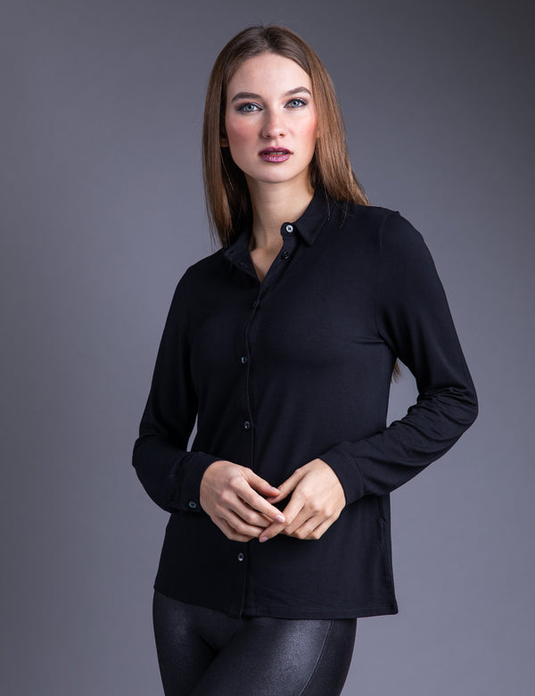 Majestic Long Sleeve Viscose Button Down Shirt in Black