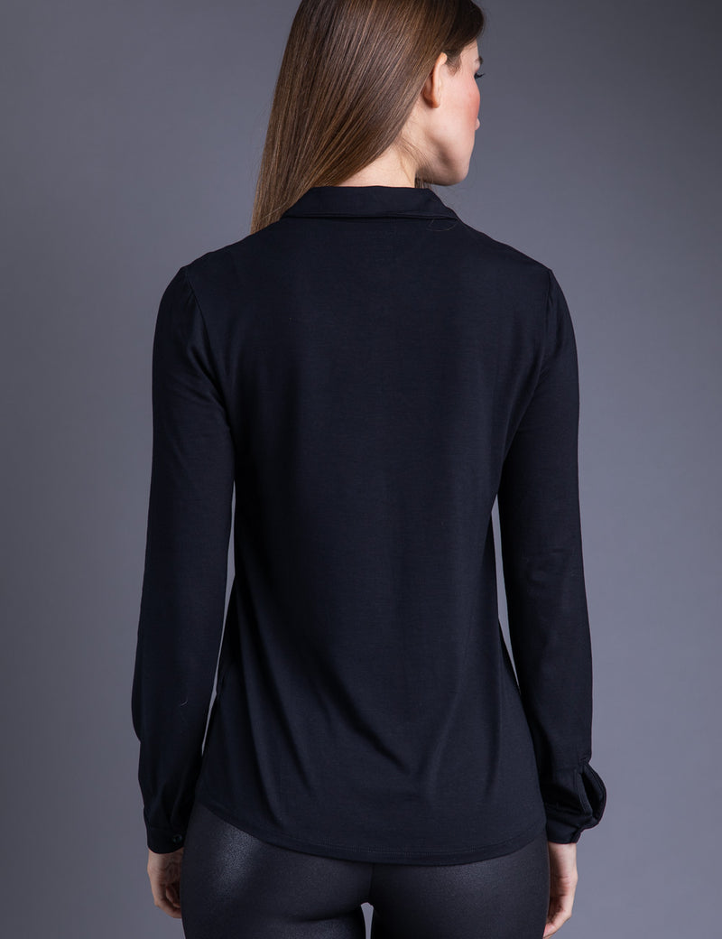 Majestic Long Sleeve Viscose Button Down Shirt in Black