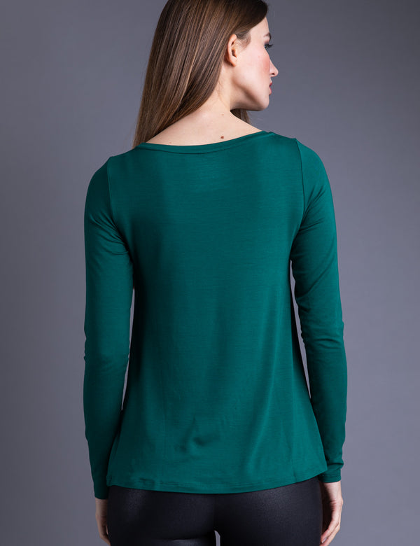 Majestic Long Sleeve Viscose A-Line Boatneck Tee in Forest