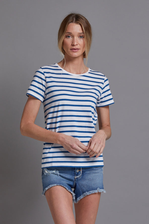 Majestic Short Sleeve Striped Crewneck in Blanc/Notte