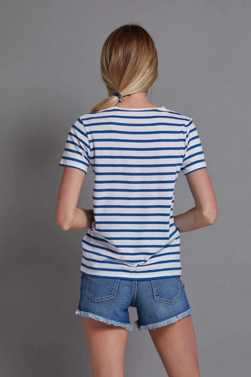 Majestic Short Sleeve Striped Crewneck in Blanc/Notte