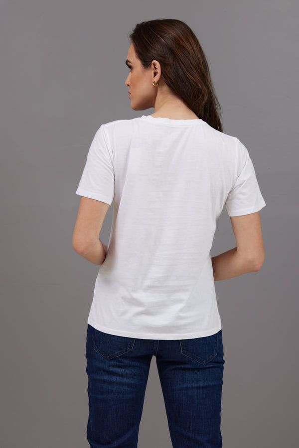 Majestic Short Sleeve Cotton V-Neck Tee in Blanc