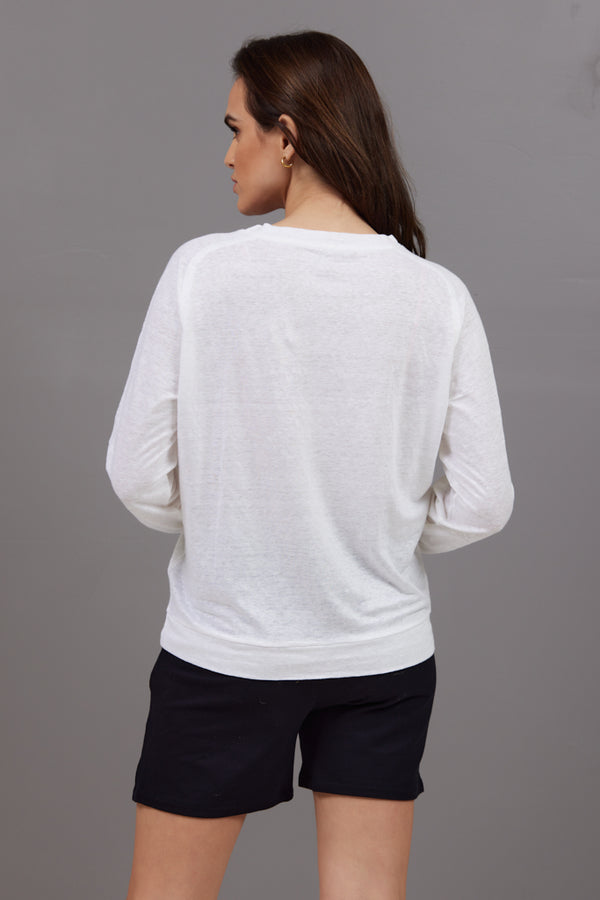 Majestic Long Sleeve Linen Pullover in White