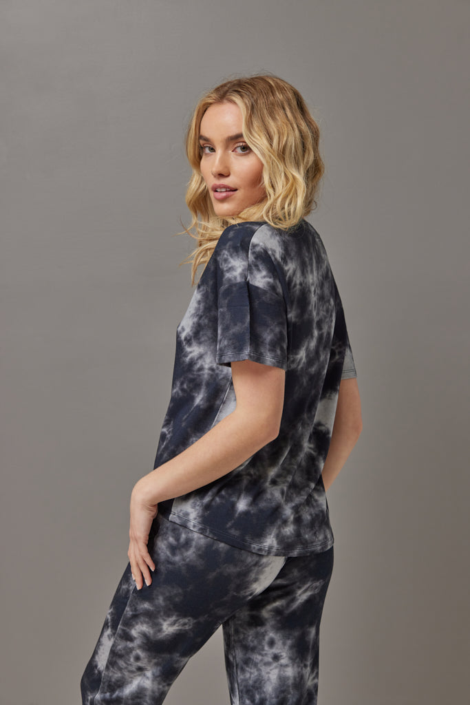 Majestic French Terry Tie Dye Semi Relaxed V Neck in Marine