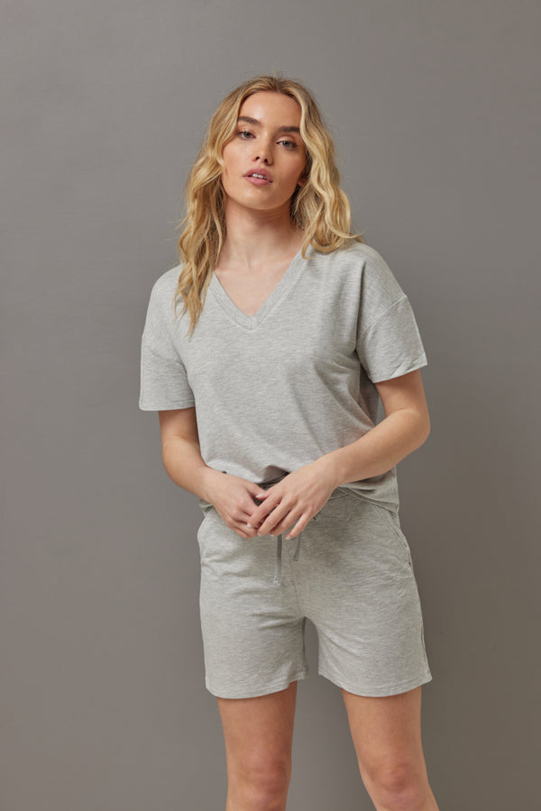 Majestic French Terry Semi Relaxed V Neck in Gris Chine Clair