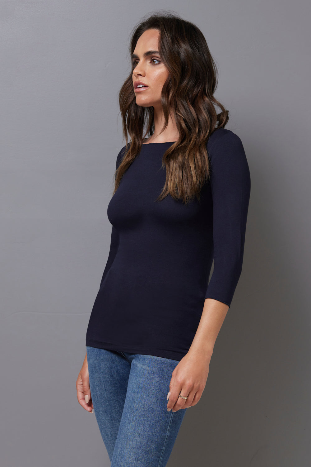 Majestic 3/4 Sleeve Viscose Boatneck Tee in Marine
