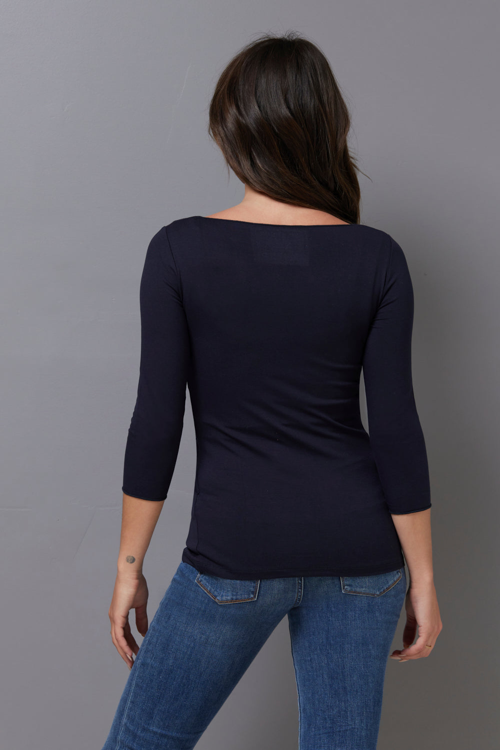 Majestic 3/4 Sleeve Viscose Boatneck Tee in Marine