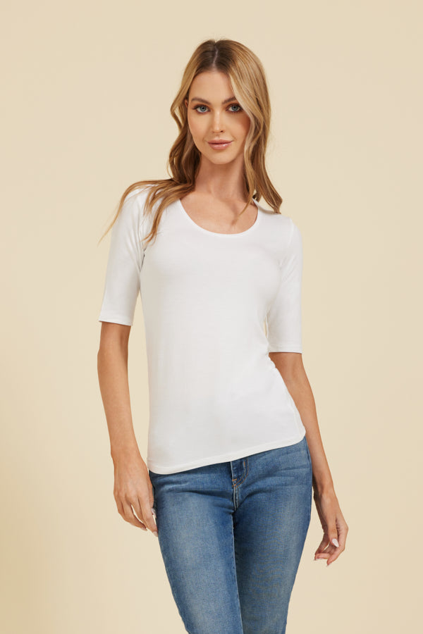 Majestic 3/4 Sleeve Viscose Boatneck Tee in White