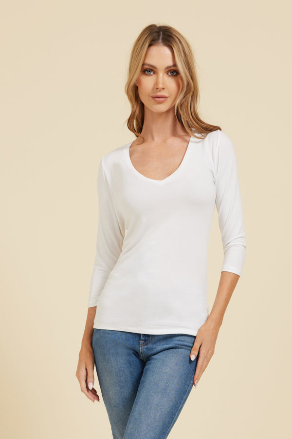 Majestic 3/4 Sleeve V-Neck Tee in Blanc