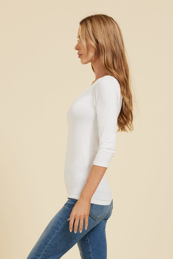 Majestic 3/4 Sleeve V-Neck Tee in Blanc