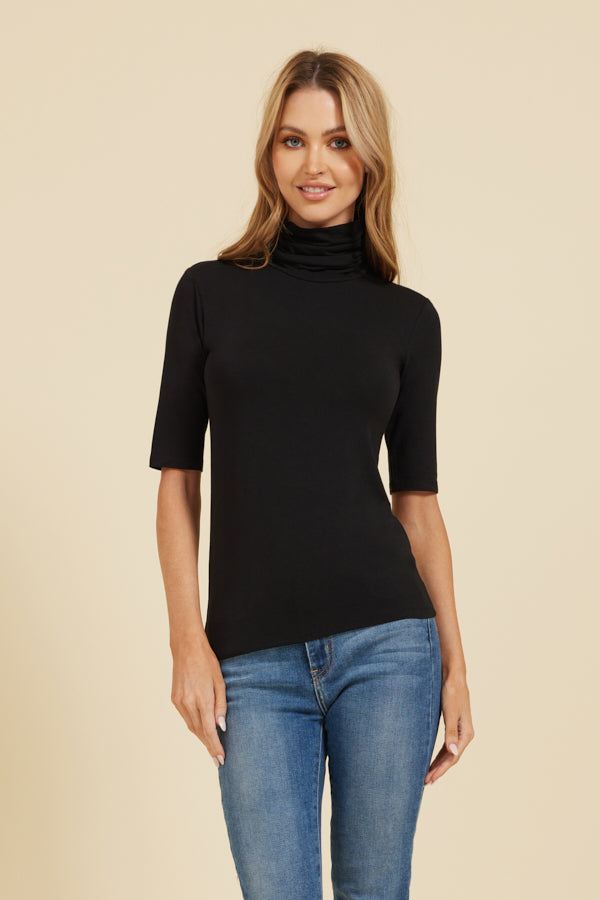 Majestic Elbow Sleeve Turtleneck in Noir/Black