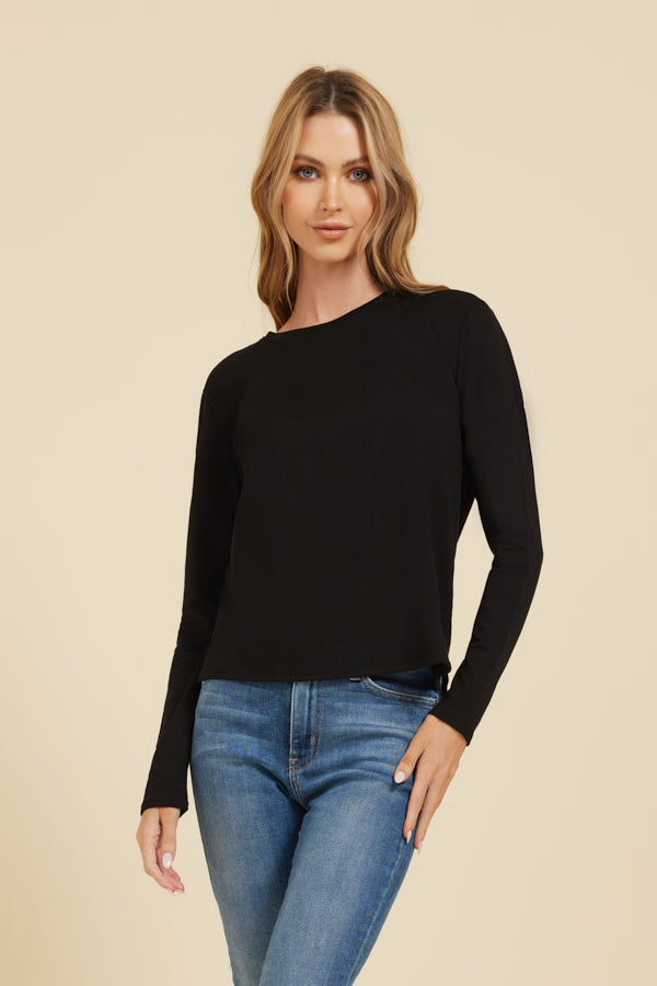 Majestic French Terry Semi-Relaxed Long Sleeve Crewneck in Black