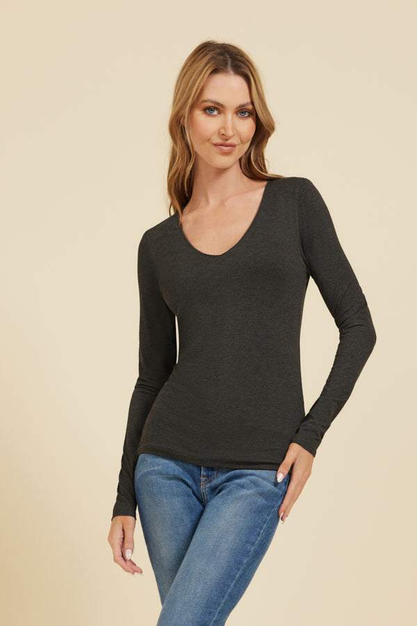 Majestic Soft Touch Long Sleeve Merrow Edge V-Neck in Anthracite
