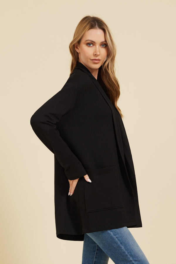 Majestic French Terry Long Sleeve Open Cardigan in Black