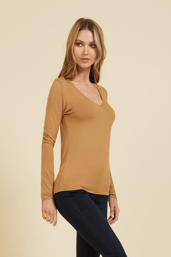 Majestic Soft Touch Long Sleeve Merrow Edge V-Neck in Chamois