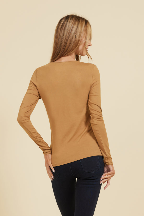 Majestic Soft Touch Long Sleeve Merrow Edge V-Neck in Chamois