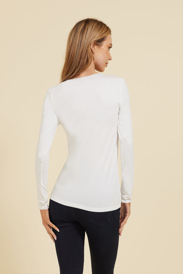 Majestic Soft Touch Long Sleeve Merrow Edge V-Neck in Blanc