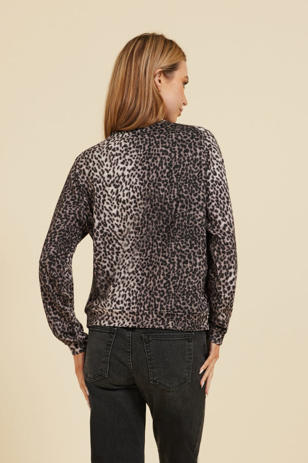Majestic French Terry Leopard Print Long Sleeve Crewneck in Galet