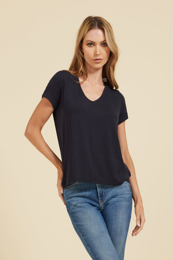Majestic Short Sleeve V-neck Relaxed Tee in Navy