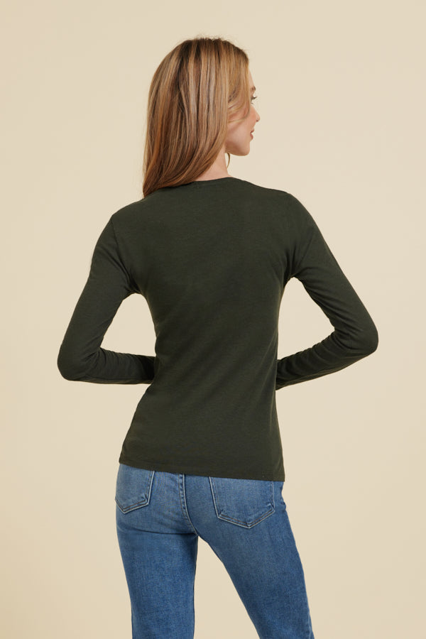 Majestic Cotton/Cashmere Long Sleeve V-Neck in Deep Green
