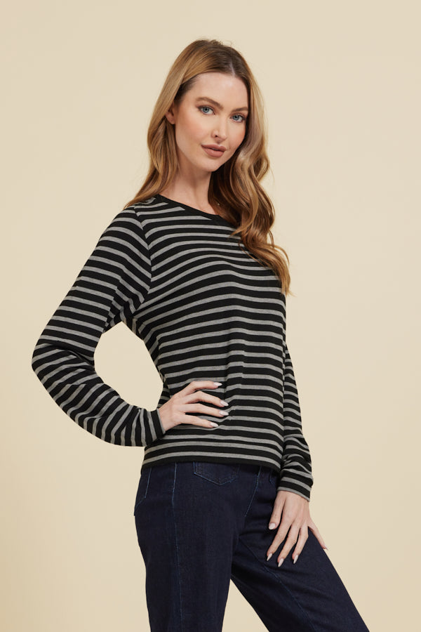 Majestic French Terry Stripe Semi-Relaxed Long Sleeve Pullover Crew in Black/Gray