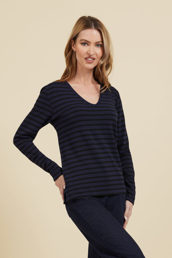Majestic French Terry Stripe Semi-Relaxed Long Sleeve V-Neck in Marine/Noir
