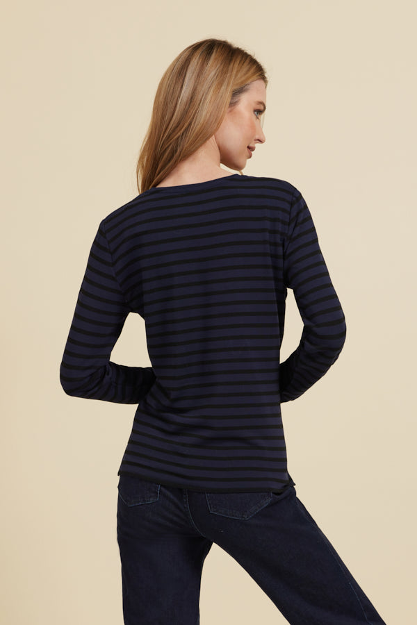 Majestic French Terry Stripe Semi-Relaxed Long Sleeve V-Neck in Marine/Noir