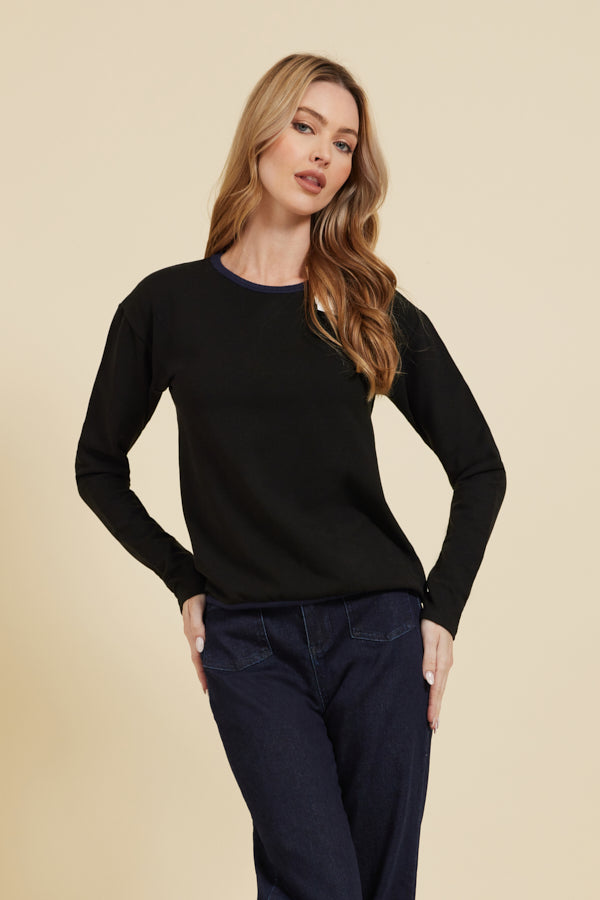 Majestic French Touch Long Sleeve Double Face Crew in Black with Navy Trim