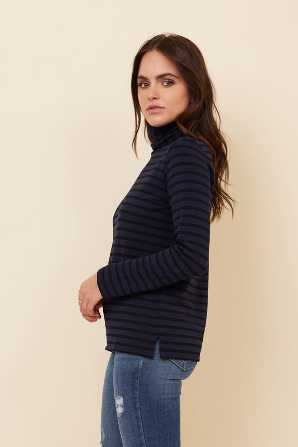 Majestic French Terry Stripe Semi Relaxed Turtleneck in Marine/Noir