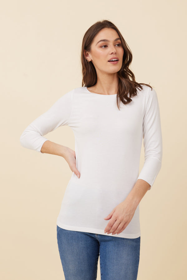 Majestic Soft Touch 3/4 Sleeve Merrow Edge Boatneck in White