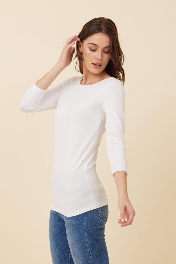 Majestic Soft Touch 3/4 Sleeve Merrow Edge Boatneck in White