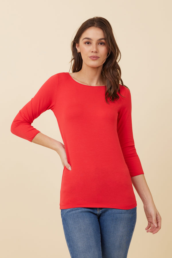 Majestic Soft Touch 3/4 Sleeve Merrow Edge Boatneck in Groseille