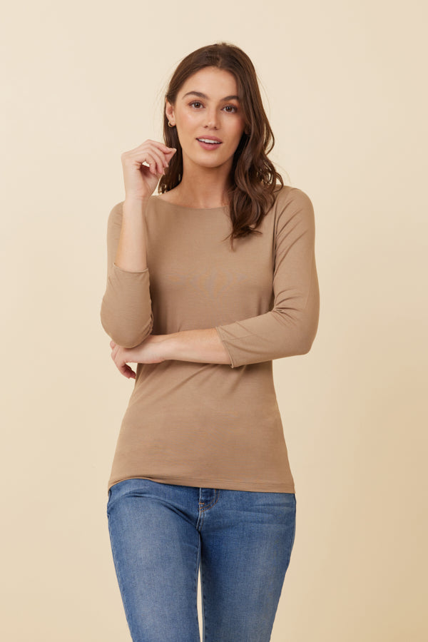 Majestic Soft Touch 3/4 Sleeve Merrow Edge Boatneck in Ficelle