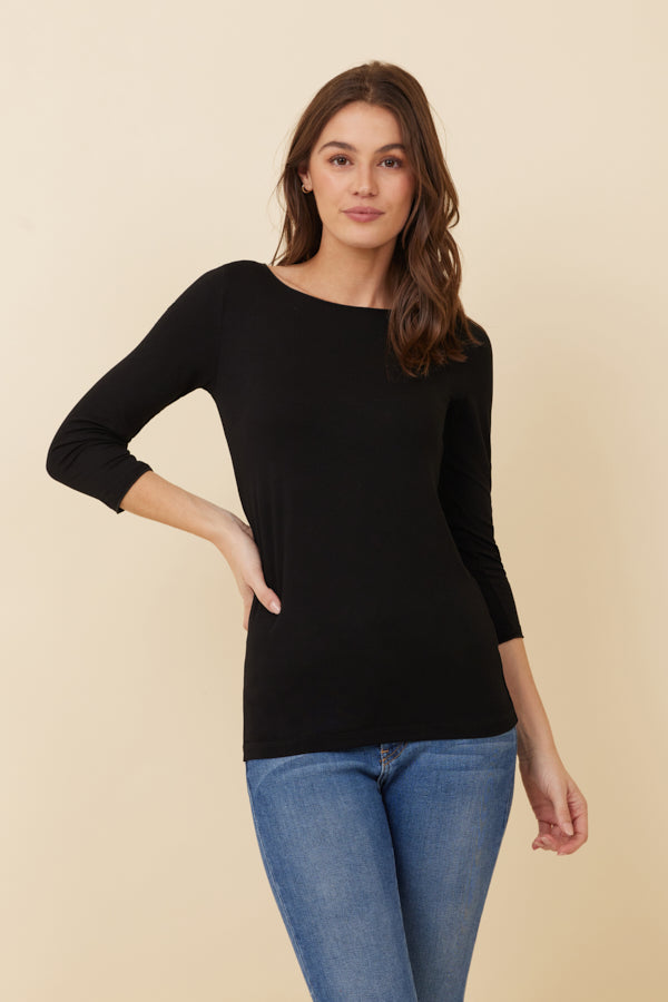 Majestic Soft Touch 3/4 Sleeve Merrow Edge Boatneck in Black