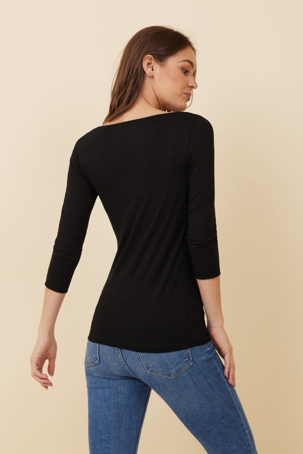 Majestic Soft Touch 3/4 Sleeve Merrow Edge Boatneck in Black