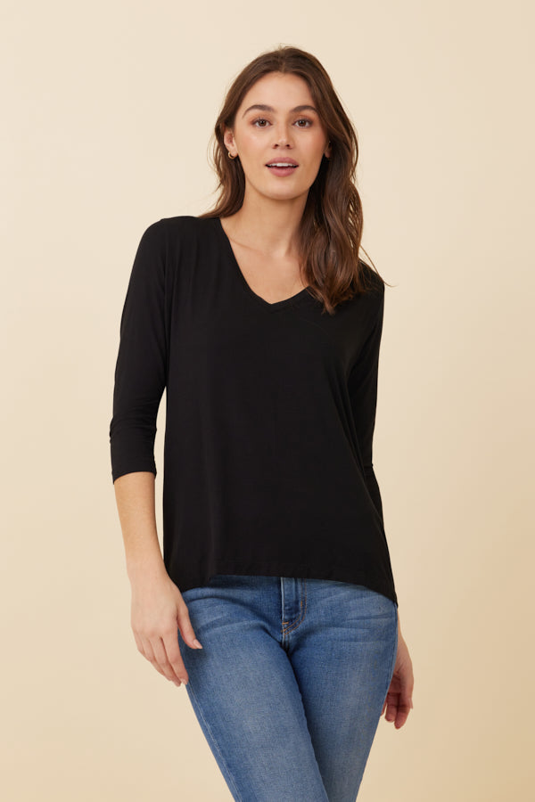 Majestic Soft Touch 3/4 Sleeve Pleat Back V-Neck in Black