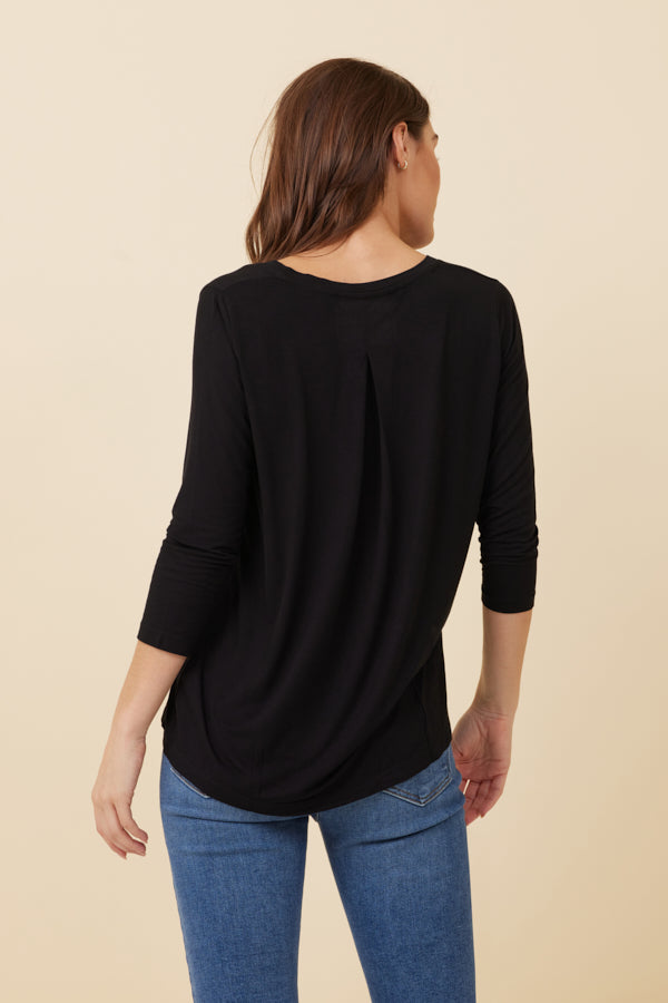 Majestic Soft Touch 3/4 Sleeve Pleat Back V-Neck in Black