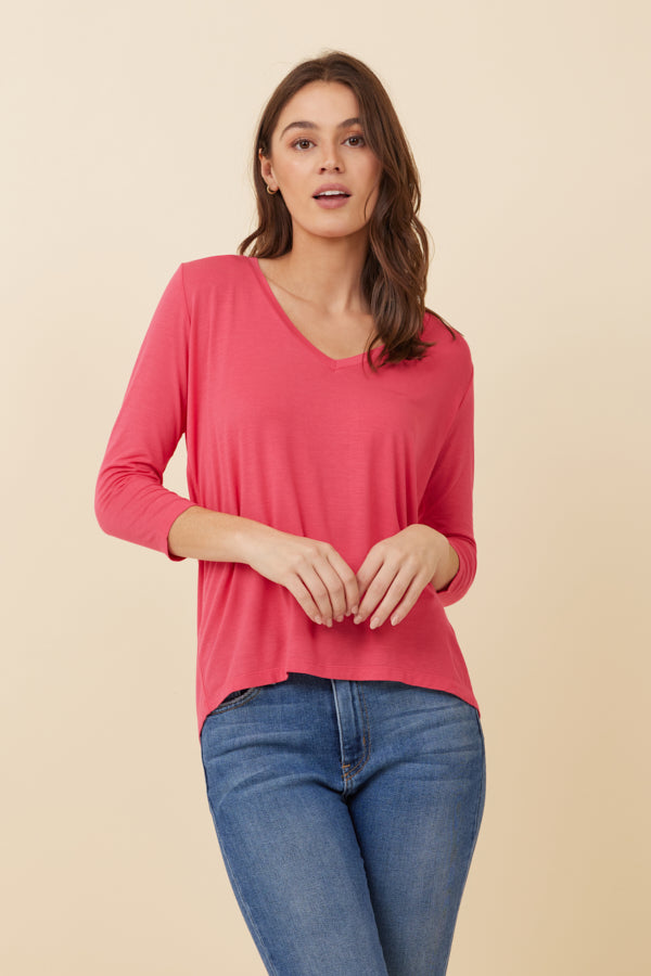 Majestic Soft Touch 3/4 Sleeve Pleat Back V-Neck in Fuschia