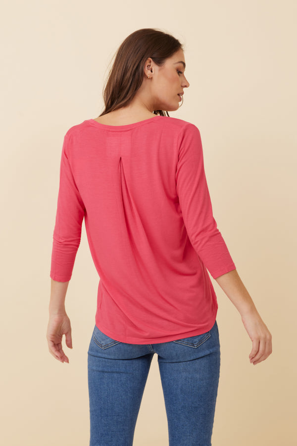 Majestic Soft Touch 3/4 Sleeve Pleat Back V-Neck in Fuschia