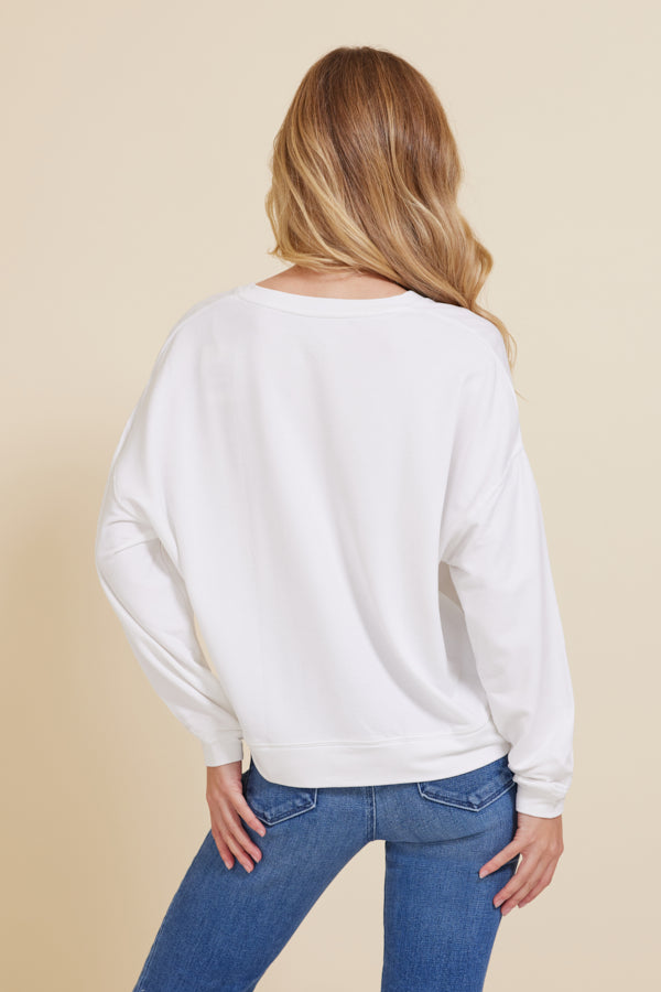 Majestic French Terry Long Sleeve Semi-Relaxed V-Neck Pullover in White